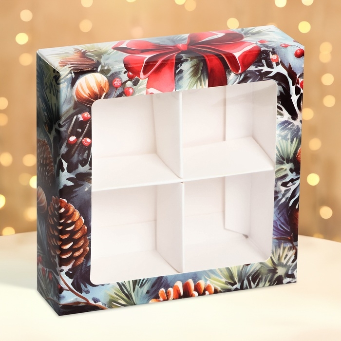 Новый год. Коробка под 4 конфеты Новый год. Коробка под 4 конфеты "Время чудес", 12,6 х 12,6 х 3,6 , кондитерская упаковка