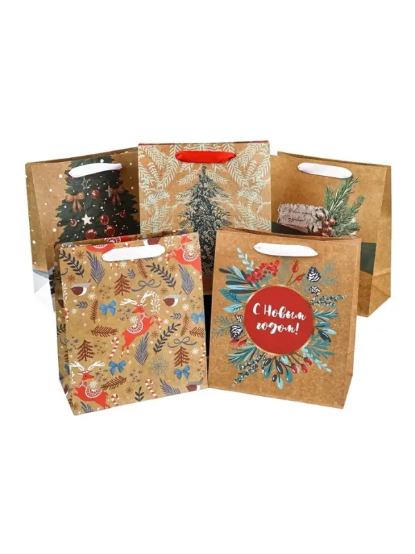 Набор пакетов крафтовых &laquo;Новогоднее поздравление&raquo;, 5 шт, 23 х 27 х 11,5 см,
