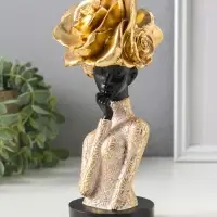 Бюст полистоун "Девушка с золотой розой, в наряде с узорами" чёрный 9х7,5х19,5 см