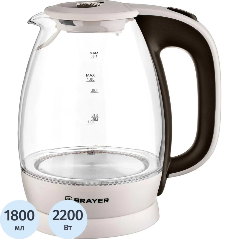 Чайник электрический BRAYER BR1045BN, 2200 Вт, 1,8 л, высококач. Стекло