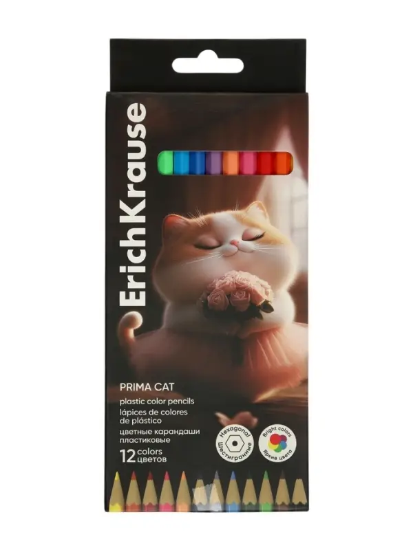 Карандаши 12 цветов, ErichKrause Prima Cat, пластиковые, шестигранные