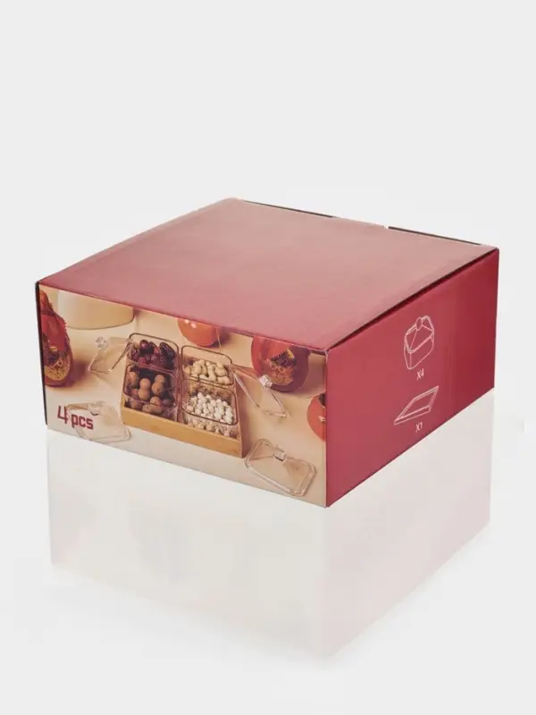 Менажница &laquo;Голд&raquo;, 19.5&times;19.5 см, на бамбуковой подставке, с крышками, стекло, прозрачная