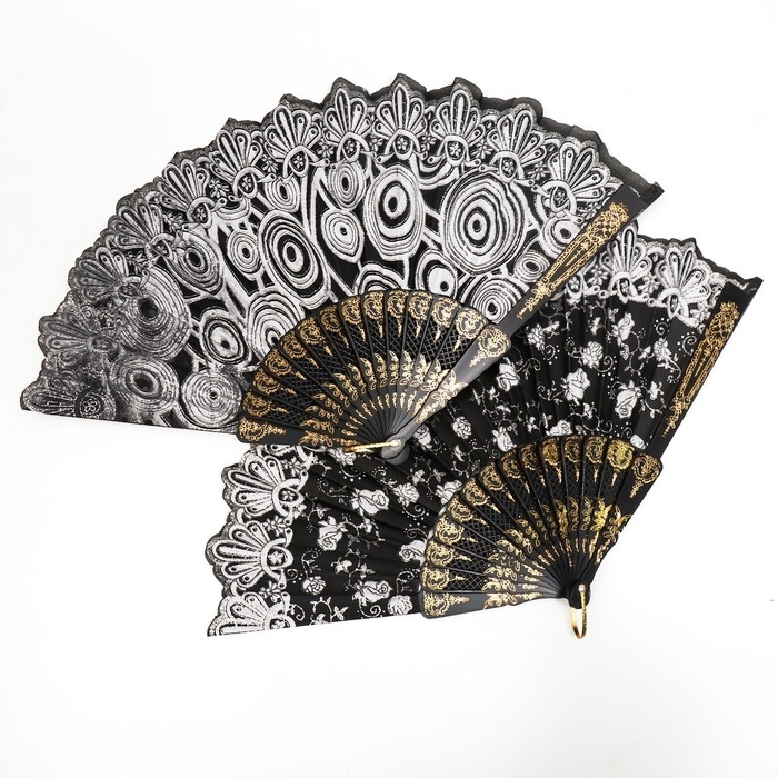 Веер пластик, текстиль  Веер пластик, текстиль "Россыпь цветов" с золотом МИКС 23 см