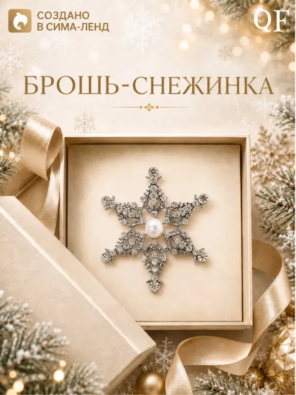 Брошь новогодняя &laquo;Снежинка ажурная с бусиной&raquo;, белая в серебре