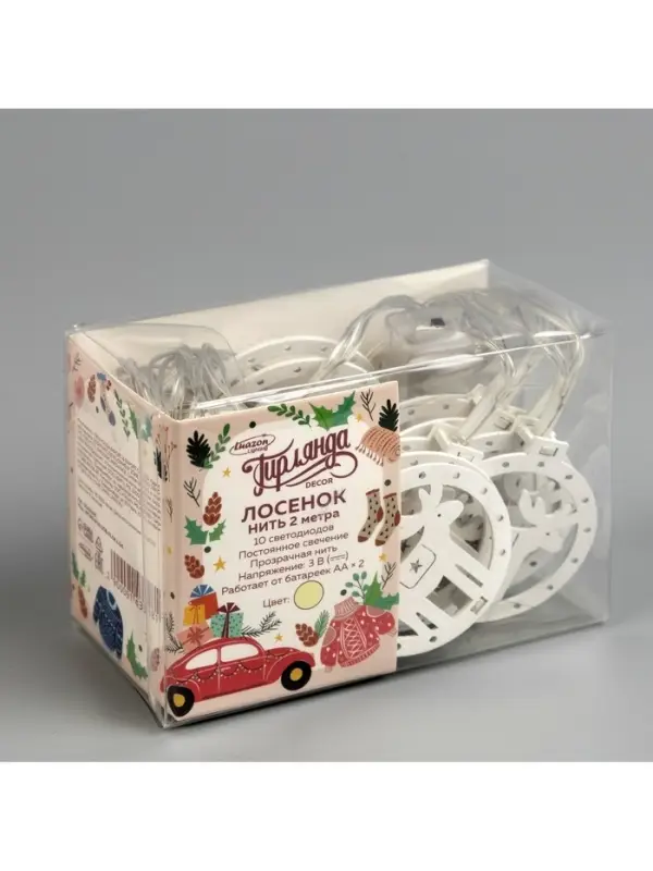 Гирлянда &laquo;Нить&raquo; 2 м с насадками &laquo;Оленёнок&raquo;, IP20, прозрачная нить, 10 LED, батарейки AAх2 (не в комплекте), свечение тёплое белое