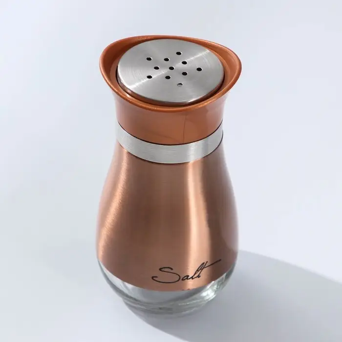 Солонка стеклянная «Сияние», 5,5×5×11 см, цвет бронзовый, надписи МИКС Солонка стеклянная «Сияние», 5,5×5×11 см, цвет бронзовый, надписи МИКС