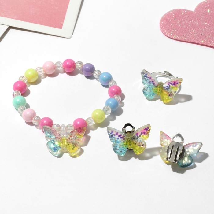 Набор детский «Выбражулька» 3 предмета: клипсы, браслет, кольцо, бабочка, цветной Набор детский «Выбражулька» 3 предмета: клипсы, браслет, кольцо, бабочка, цветной