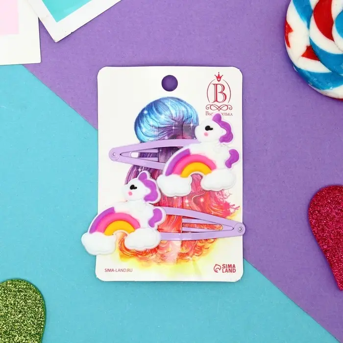 Невидимка для волос "Абель" (набор 2 шт) единорожек на радуге, 5 см , фиолетово-белый