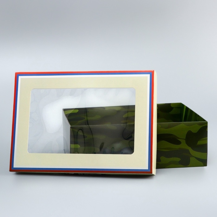 Коробка складная, крышка-дно, Коробка складная, крышка-дно, "23 Февраля", 24 х 17 х 8 см с окном