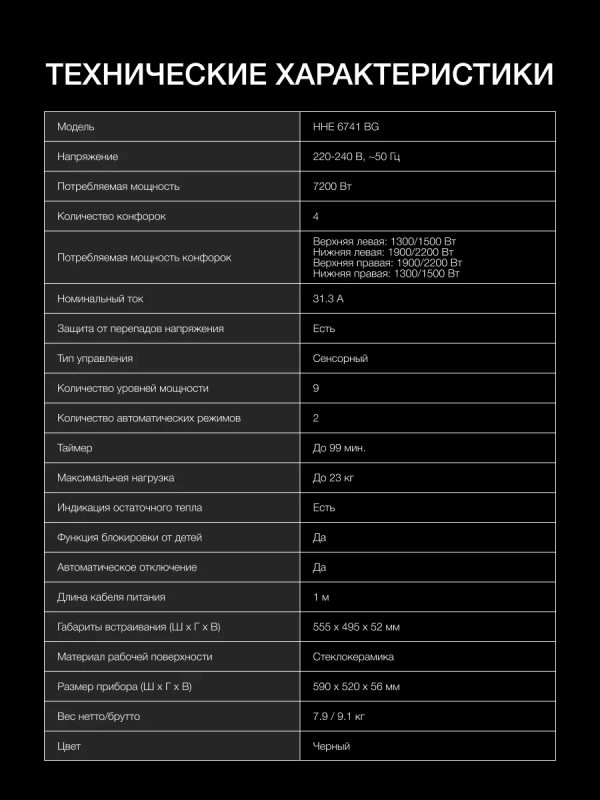 Индукционная варочная поверхность HHI 6741 BG Индукционная варочная поверхность HHI 6741 BG