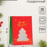 Пакет подарочный новогодний крафт, с окном &laquo;Ёлка&raquo; 30&times;22&times;14 см