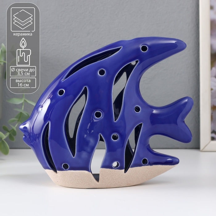 Подсвечник керамика  Подсвечник керамика "Рыба Скалярия" песочно-синий 18,3х7,3х16 см