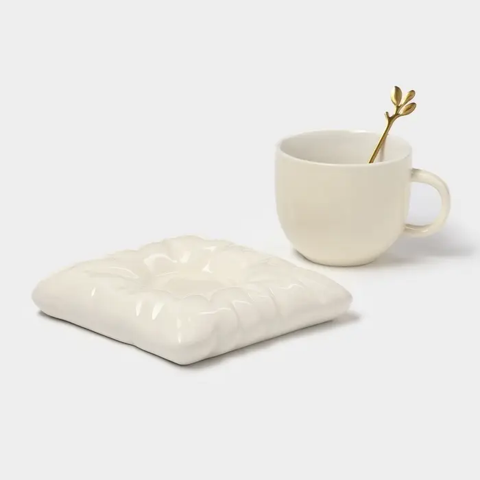 Чайная пара &laquo;Зефирка&raquo;, 3 предмета: чашка 250 мл, блюдце d=13.7 см, ложка, керамика, бежевая