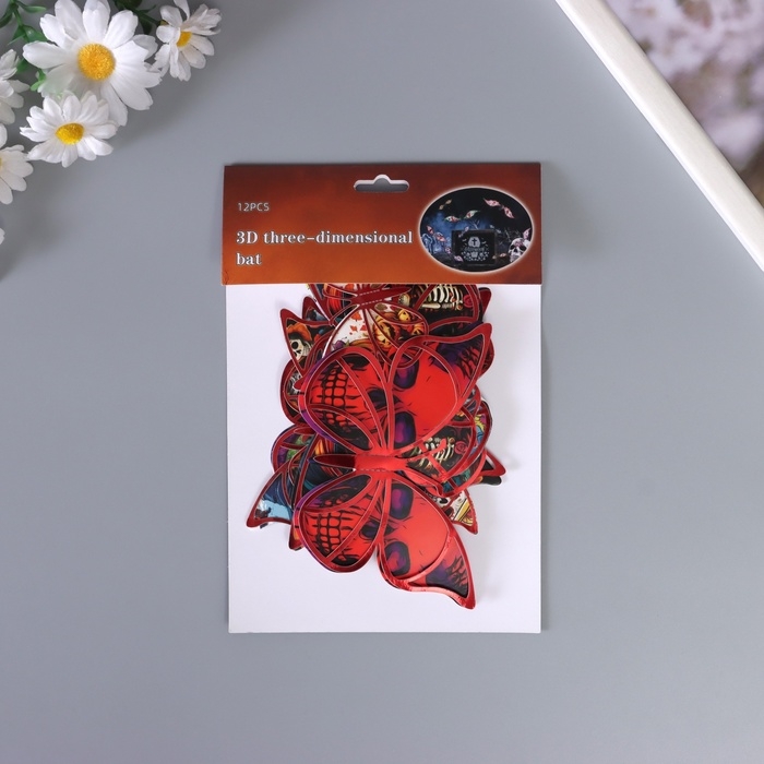 Наклейка бумага, пластик  Наклейка бумага, пластик "Бабочки на Хэллоуин" красные набор 12 шт