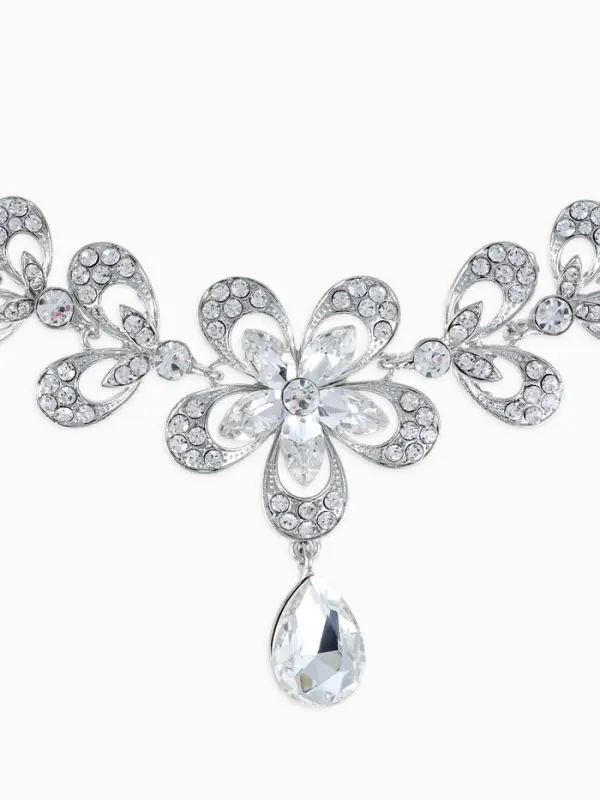 Набор 2 предмета: серьги, колье, цветок, белый в серебре, 45 см