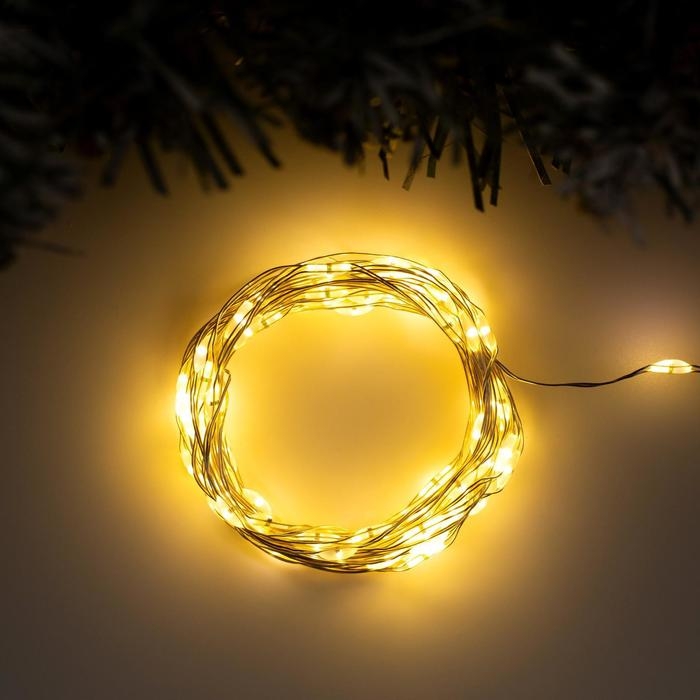 Гирлянда «Нить» 5 м роса, IP20, серебристая нить, 100 LED, 2 режима, батарейка AAх3 (не в комплекте), свечение тёплое белое Гирлянда «Нить» 5 м роса, IP20, серебристая нить, 100 LED, 2 режима, батарейка AAх3 (не в комплекте), свечение тёплое белое