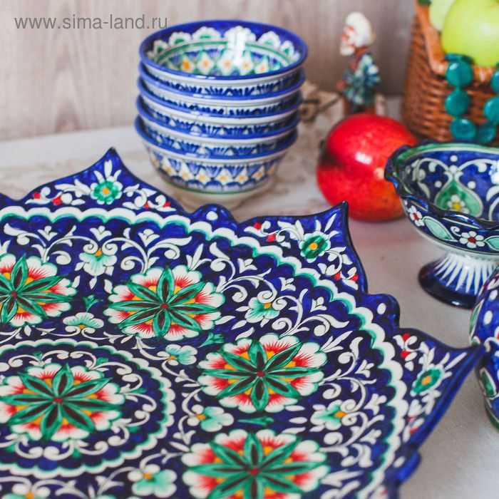 Ляган Риштанская Керамика  Ляган Риштанская Керамика "Цветы", 41 см, рифлёный, синий