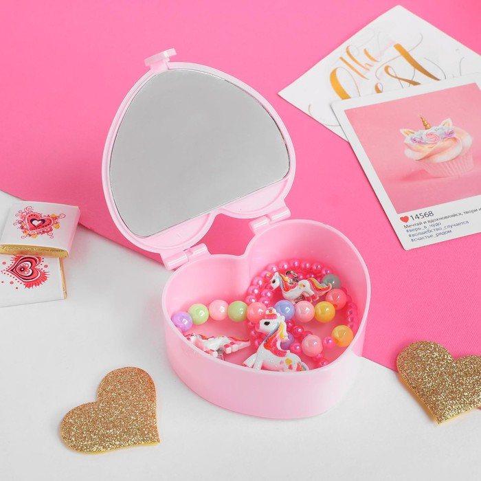 Набор детский 3 предмета: клипсы, бусы, браслет «Шкатулка» с зеркалом, цветной Набор детский 3 предмета: клипсы, бусы, браслет «Шкатулка» с зеркалом, цветной