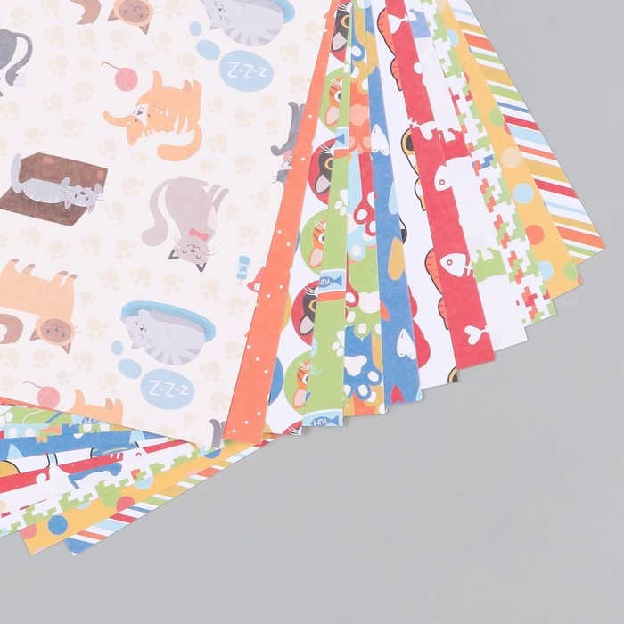 Набор бумаги для скрапбукинга 12 листов 12 дизайнов Набор бумаги для скрапбукинга 12 листов 12 дизайнов "Забавные котики" 160 гр 15,2х15,2 см