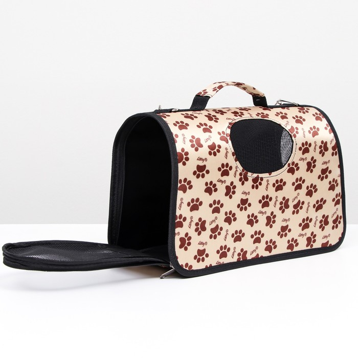 Сумка - переноска для животных  Сумка - переноска для животных "Лапки Happy", бежевая, размер S, 37,5 х 17 х 22 см