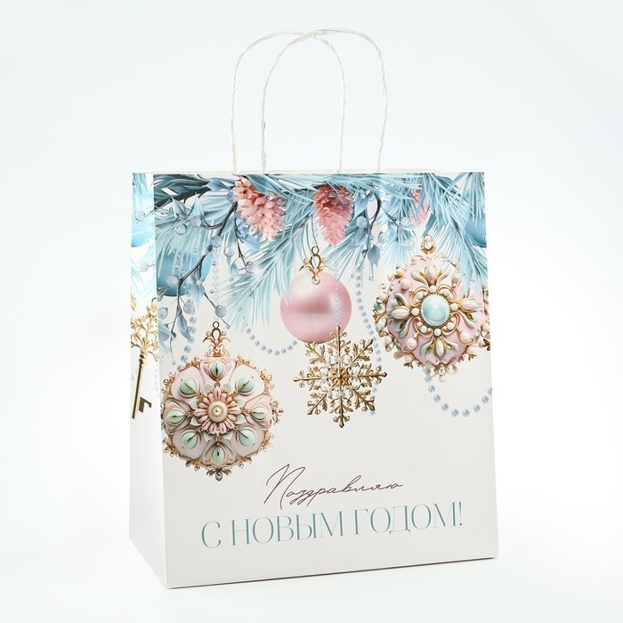 Пакет подарочный новогодний «Поздравляю с Новым годом», белый крафт, 22 х 25 х 12 см , Новый год Пакет подарочный новогодний «Поздравляю с Новым годом», белый крафт, 22 х 25 х 12 см , Новый год