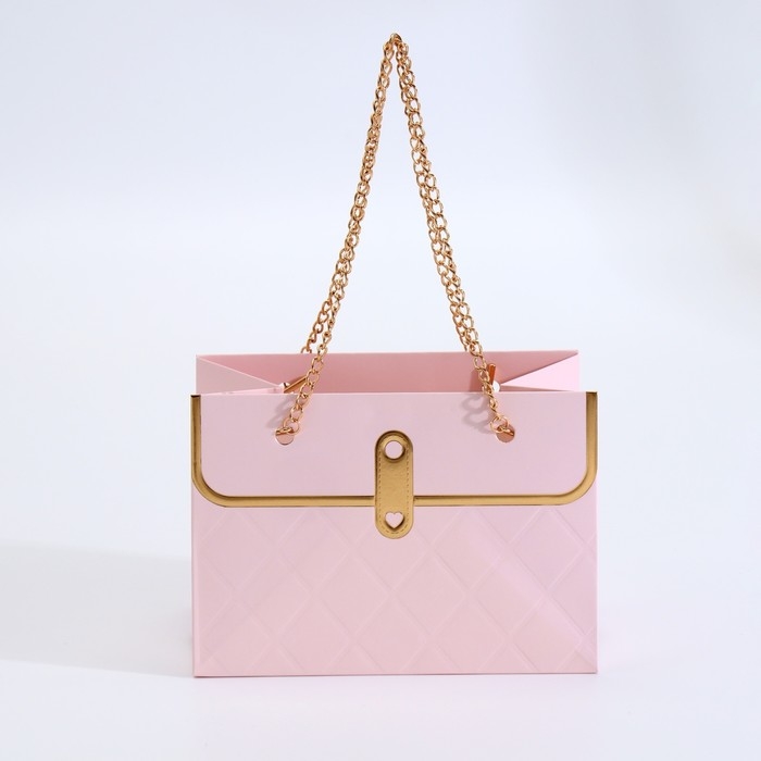 Пакет для цветов, ручка цепь,  Пакет для цветов, ручка цепь, "Розовый", с золотым тиснением, 15 х 10,5 х 10 см