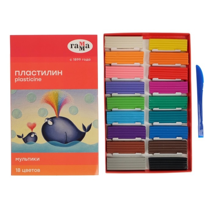 Пластилин 18 цветов 360 г, Пластилин 18 цветов 360 г, "Гамма" "Мультики", со стеком