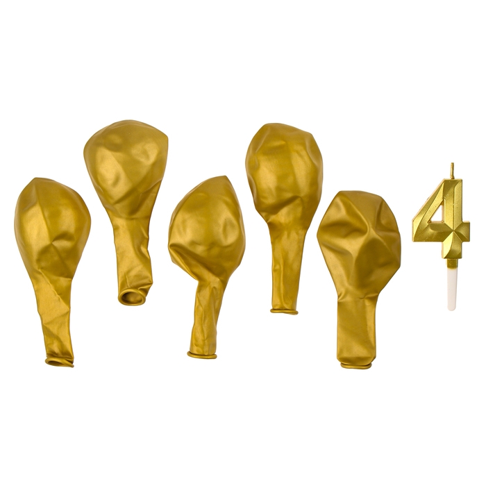 Свечи для торта + 5 шаров, цифра 4, золото Свечи для торта + 5 шаров, цифра 4, золото