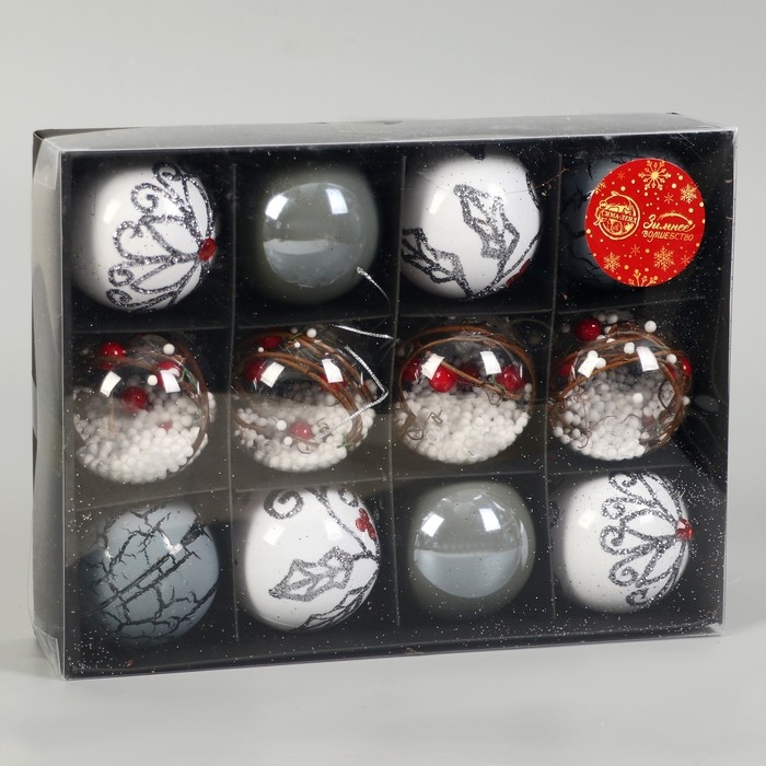 Набор шаров пластик d-6 см, 12 шт Набор шаров пластик d-6 см, 12 шт "Мелодия элит" ассорти, белый серый