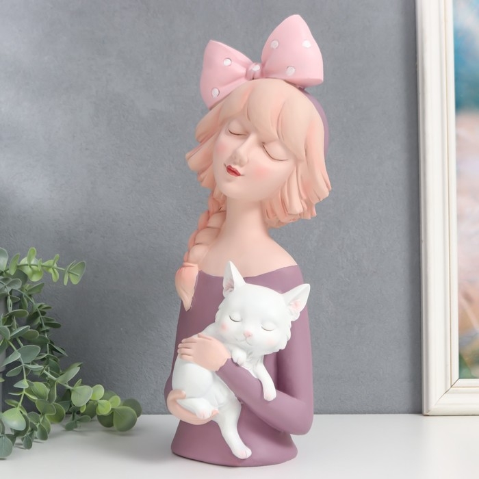 Сувенир полистоун Сувенир полистоун "Малышка с косой, бантом в горох, с котом" 36х12х15,5 см