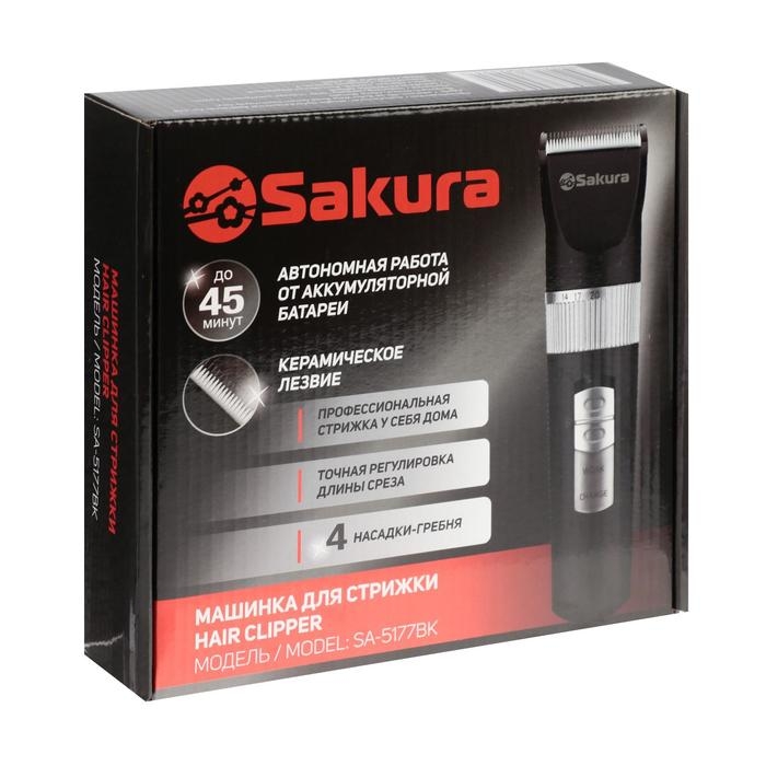 Машинка для стрижки Sakura SA-5177BK, 4 насадки, 3/6/9/12 мм, керамика, АКБ, чёрная Машинка для стрижки Sakura SA-5177BK, 4 насадки, 3/6/9/12 мм, керамика, АКБ, чёрная