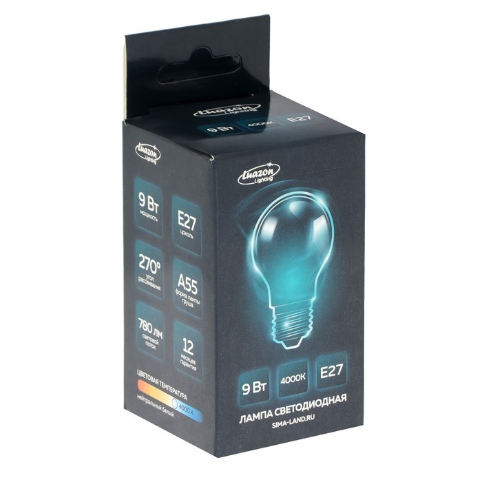 Лампа cветодиодная Luazon Lighting, A55, 9 Вт, E27, 780 Лм, 4000 К, дневной свет Лампа cветодиодная Luazon Lighting, A55, 9 Вт, E27, 780 Лм, 4000 К, дневной свет