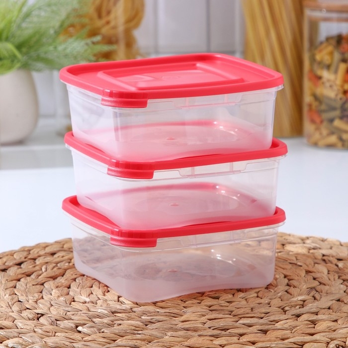 Набор пищевых контейнеров «Каскад», 14×14×5,5 см, 700 мл, 3 шт, прозрачные, крышки микс