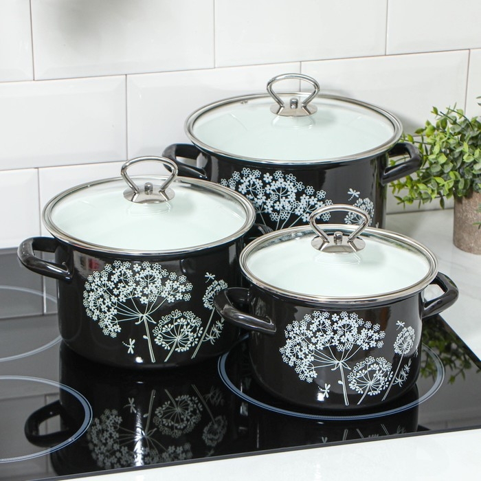 Набор эмалированных кастрюль «Ажур», 3 предмета: 2.4 л, 3.4 л, 5 л, индукция