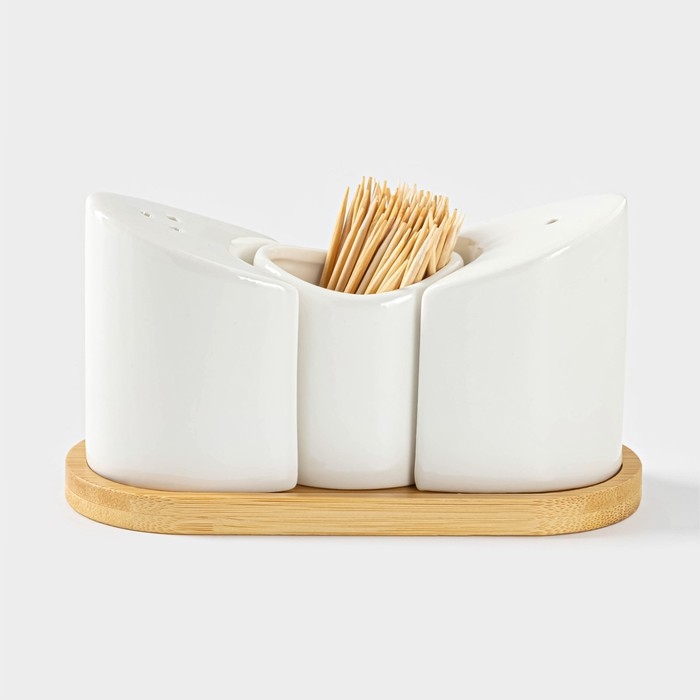 Набор для специй на деревянной подставке BellaTenero, 3 предмета: солонка 60 мл, перечница 60 мл, ёмкость для зубочисток, цвет белый Набор для специй на деревянной подставке BellaTenero, 3 предмета: солонка 60 мл, перечница 60 мл, ёмкость для зубочисток, цвет белый