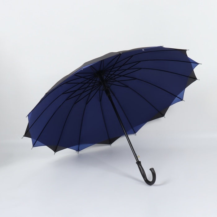 Зонт - трость полуавтоматический «Однотонный», двухслойный, 16 спиц, R = 52/60 см, D = 120 см, цвет чёрный/синий Зонт - трость полуавтоматический «Однотонный», двухслойный, 16 спиц, R = 52/60 см, D = 120 см, цвет чёрный/синий