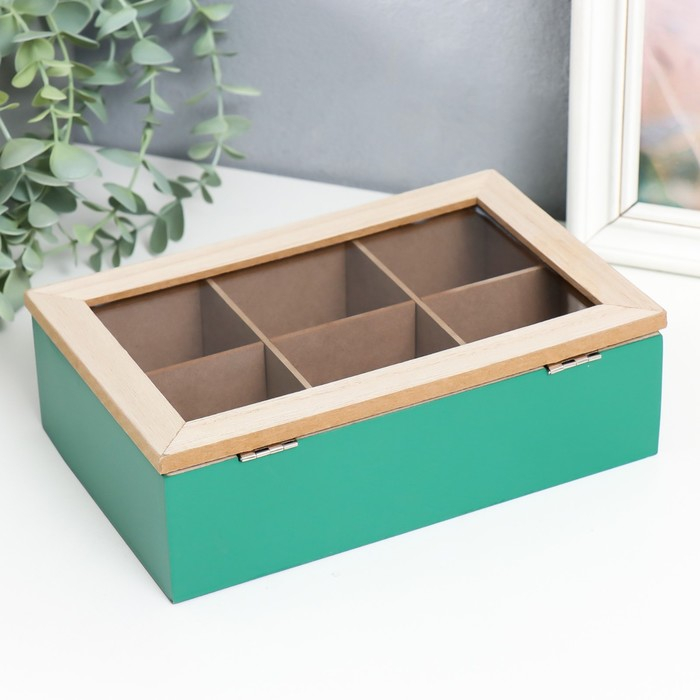 Шкатулка дерево с делениями  Шкатулка дерево с делениями "Пальмовые листья" зелёная с золотом 7х16,5х24 см