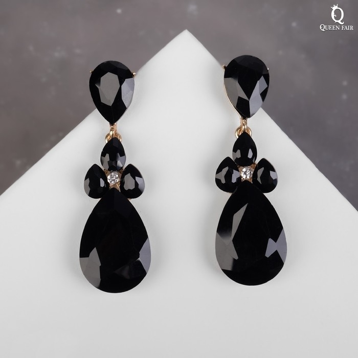 Серьги висячие со стразами «Вечеринка» цветок из капель, цвет чёрно-белый в золоте, 6,3 см