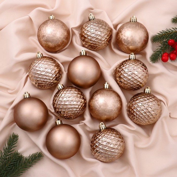 Набор шаров пластик d-7 см, 12 шт Набор шаров пластик d-7 см, 12 шт "Алета сеточка" коричневый