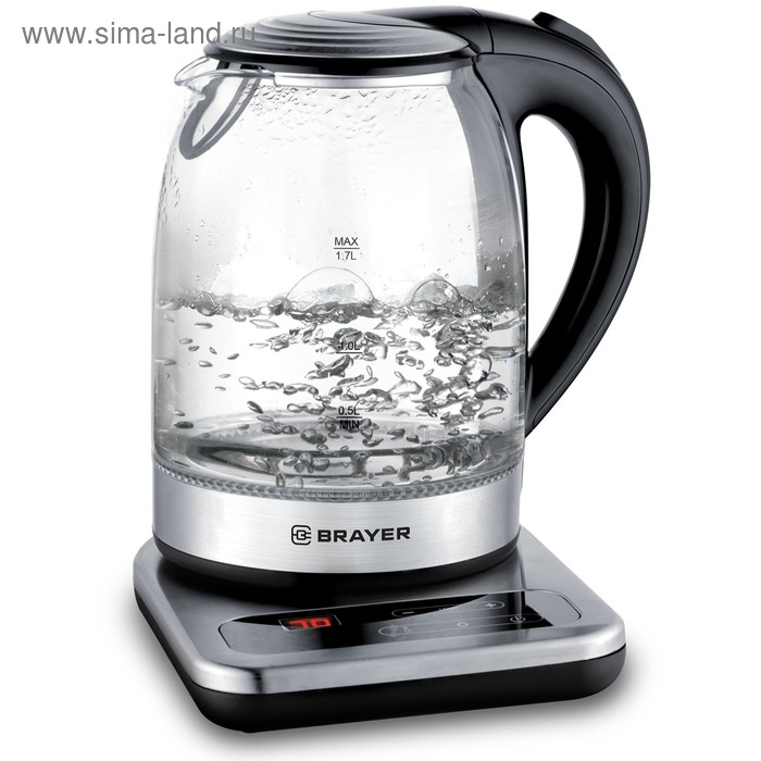 Чайник электрический BRAYER BR1003, стекло, 1.7 л, 2200 Вт, регулировка t°, серебристый