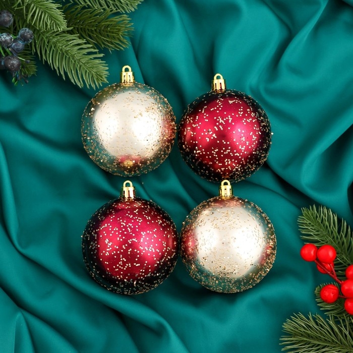 Набор шаров пластик d-8 см, 4 шт Набор шаров пластик d-8 см, 4 шт "Мэдисон" бордовый золото