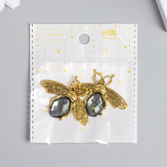 Декор для творчества металл, страз Декор для творчества металл, страз "Муха" золото 3,5х4,7 см