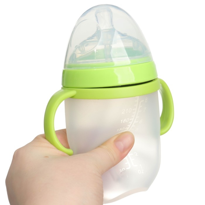 Бутылочка для кормления M&B, ШГ Ø70мм, от 6 мес, 250мл, с ручками, силиконовая колба, цвет зеленый