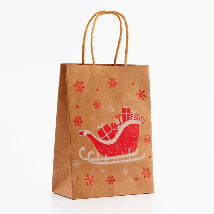 Пакет крафт с тиснением, круглая ручка, «Новогдние сани» 15×21×8 см, 120 г