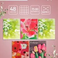 Тетрадь 48 листов в клетку Calligrata «Цветы», обложка мелованная бумага, блок №2, белизна 75% (серые листы), МИКС