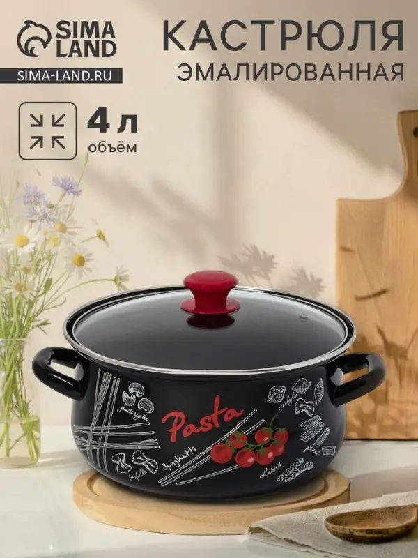 Кастрюля эмалированная &laquo;Болоньезе&raquo;, 4 л, d=26.2 см, с крышкой, чёрная