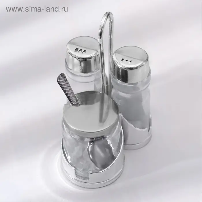 Набор для специй «Стиль», 3 шт: сахарница с ложкой 80 мл, солонка и перечница 50 мл, подставка-салфетница Набор для специй «Стиль», 3 шт: сахарница с ложкой 80 мл, солонка и перечница 50 мл, подставка-салфетница