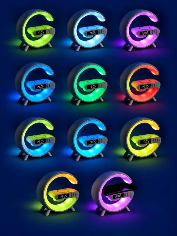 Колонка портативная - ночник G63, Bluetooth, беспроводная зарядка, часы, RGB-подсветка, 15 Вт, 1800 мАч, белая