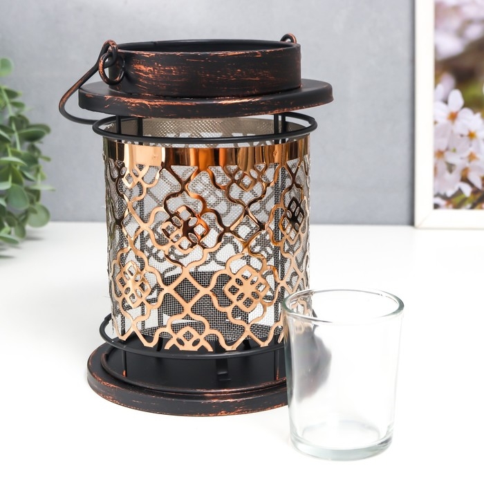 Подсвечник металл, стекло на 1 свечу Подсвечник металл, стекло на 1 свечу "Узор на фонаре" патина на чёрном ручка 18х13,5х13,5 см 78228