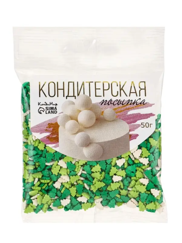 Посыпка кондитерская «Ёлочки», белые, зеленые, салатовые, 50 г Посыпка кондитерская «Ёлочки», белые, зеленые, салатовые, 50 г